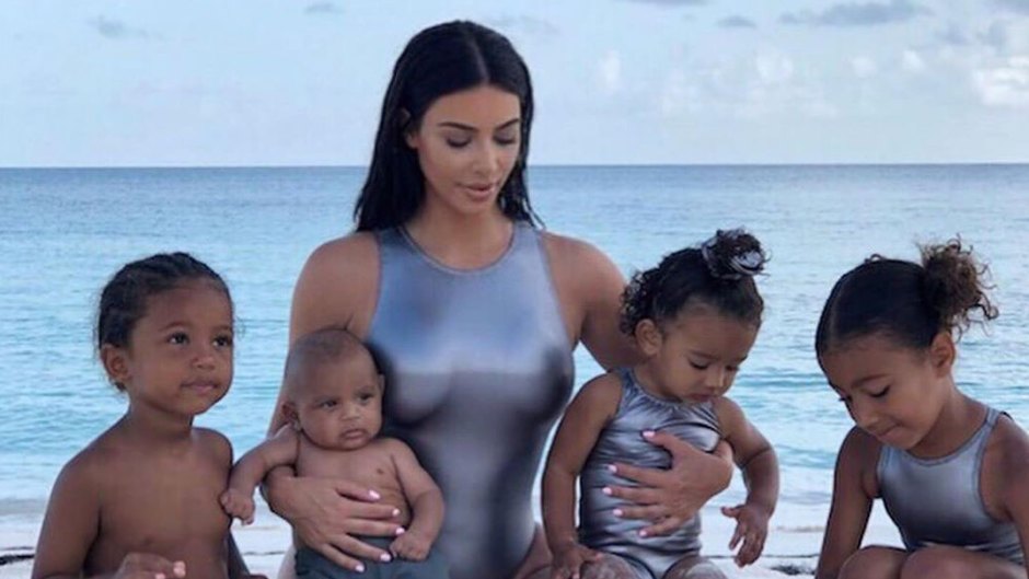Kim Kardashian Silver Bathing Suit Beach Shares Rare Photo With All of Her Kids