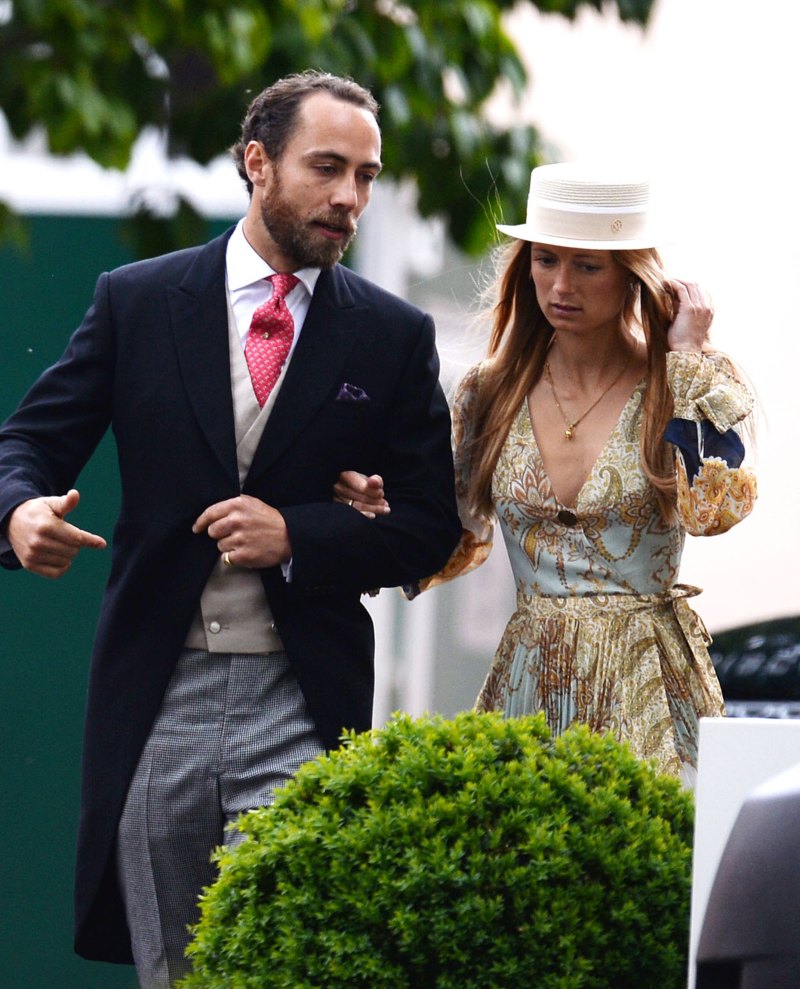 james middleton wears a suit jacket with tails over a white button down shirt, red printed tie, khaki vest and plaid pants and alizee thevenet wears a flowy long sleeved yellow and white printed dress and a white hat james middleton engaged to alizee thevenet