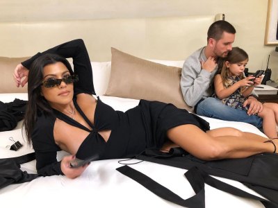 Kourtney Kardashian Scott Disick Penelope Disick Coparenting Posing on Bed
