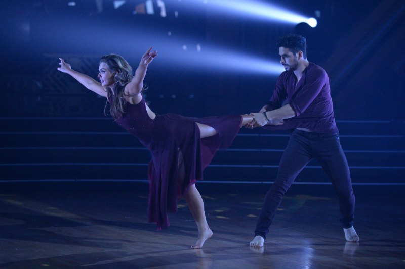 DANCING WITH THE STARS - "Semi-Finals" - Five celebrity and pro-dancer couples return to the ballroom to compete on the 10th week of the 2019 season of "Dancing with the Stars," live, MONDAY, NOV. 18 (8:00-10:00 p.m. EST), on ABC. (ABC/Eric McCandless) TOM BERGERON, HANNAH BROWN, ALAN BERSTEN Purple Contemporary Dance Costume