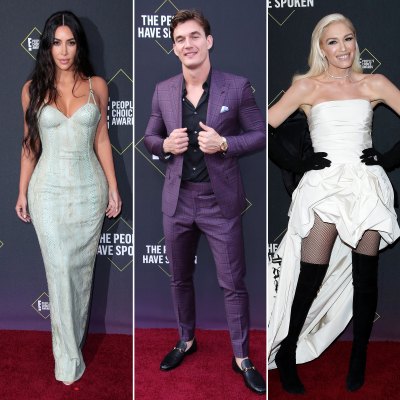 Kim Kardashian Wearing Versace, Tyler Cameron Purple Suit Black Shirt and Gwen Stefani 2019 Peoples Choice Awards