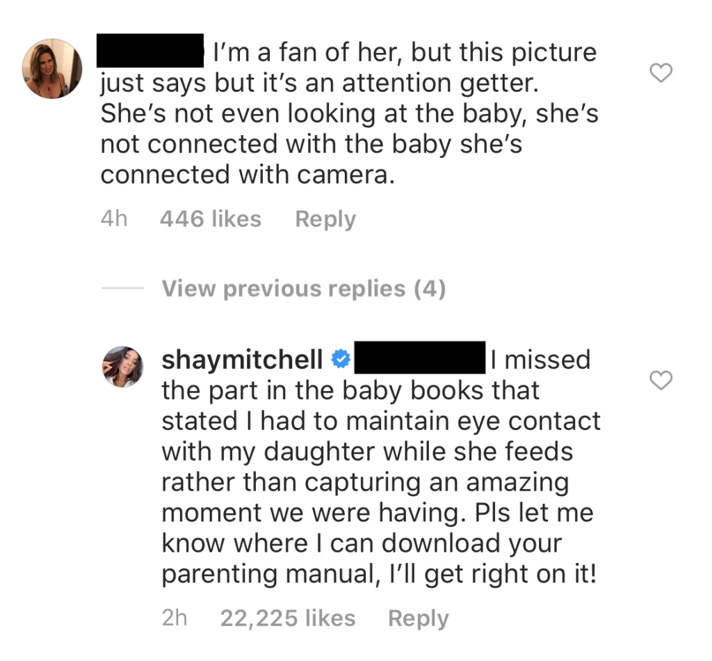Shay Mitchell Claps Back at Mommy Shamer on Instagram Over Breast Feeding Photo