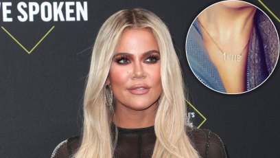 Khloe Kardashian With Long Blonde Hair Wearing Sheer Black Spatle Uop, Inset True Necklace With Block Lettering