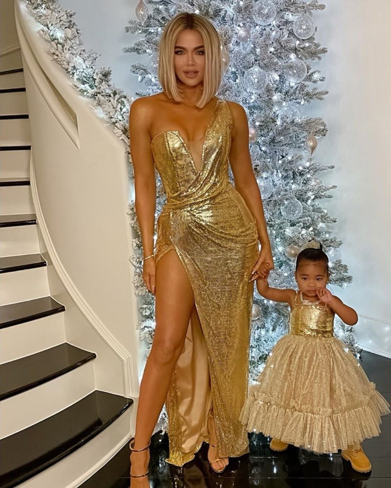 Khloe Kardashian and True Thompson Wear Matching Gold Dresses for Kardashian Christmas Party
