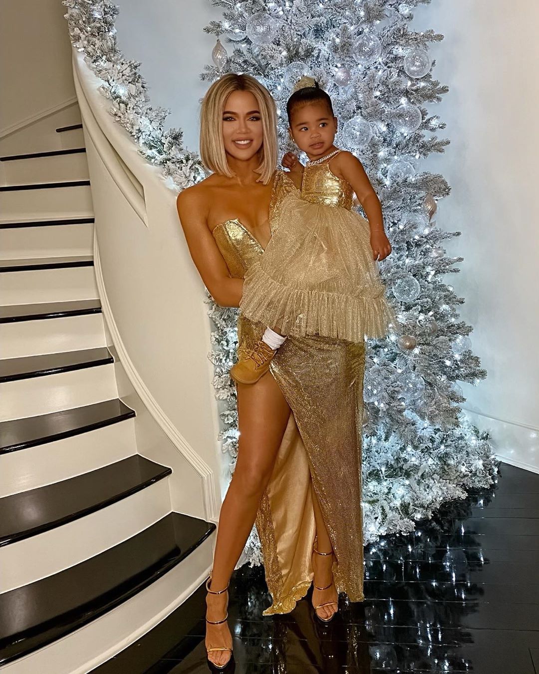 Khloe Kardashian and True Thompson Wear Matching Gold Dresses for Christmas
