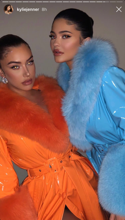 Kylie Jenner and Stassie Karanikolaou in Matching Saks Potts Coats