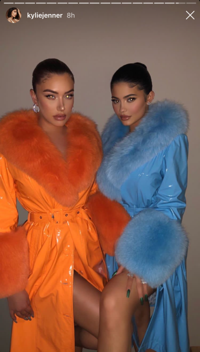 Kylie Jenner and Stassie Karanikolaou in Matching Saks Potts Coats