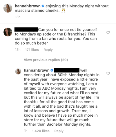 Hannah Brown Claps Back at Fan About Being Tied to Bachelor