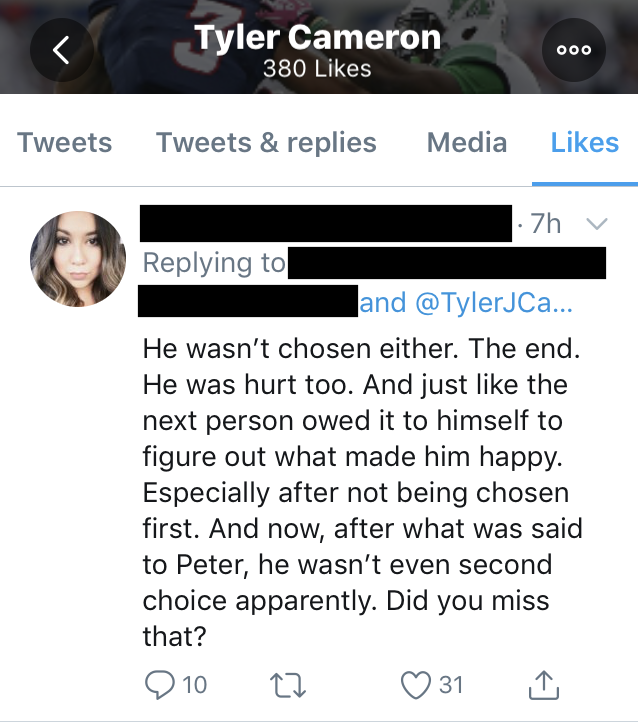 Tyler Cameron likes Comment About Not Being Hannah Brown's Second Choice