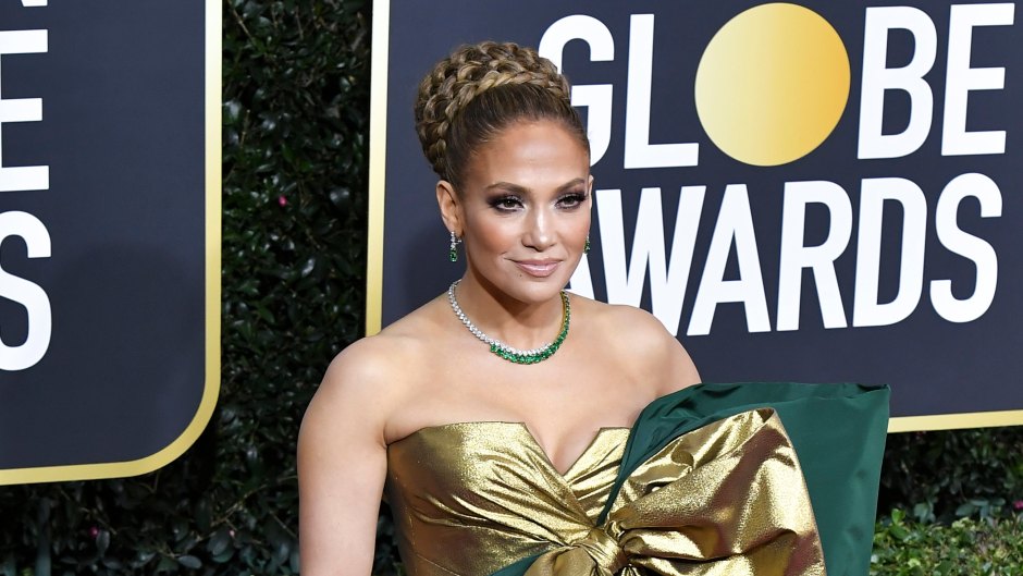 Jennifer Lopez on Golden Globes Red Carpet in Gold, Green and White Gown