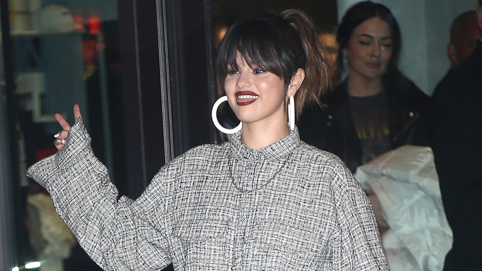 Selena Gomez Wears Grey Jumpsuit and White Hoops to Rare Album Release Party in NYC