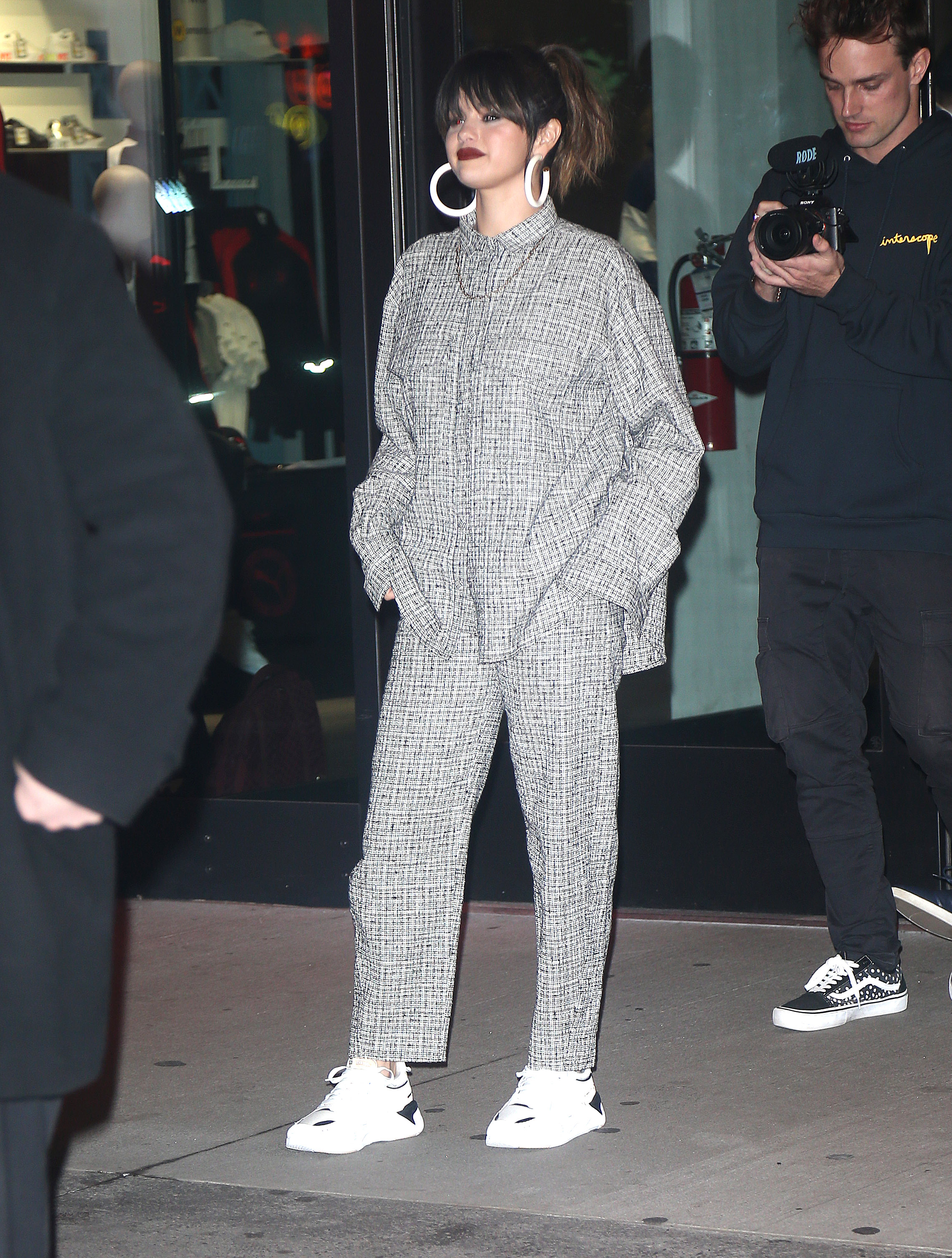 Selena Gomez Grey Tracksuit White Hoops