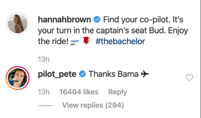 hannah brown and peter weber have sweet exchange on instagram