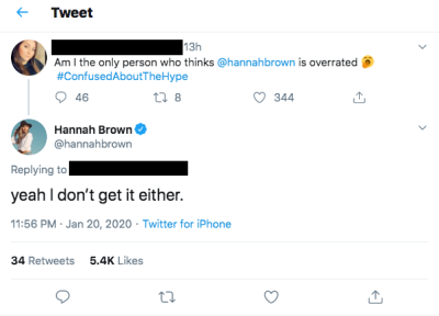 Hannah Brown Claps Back at Fan Who Calls Her Overrated