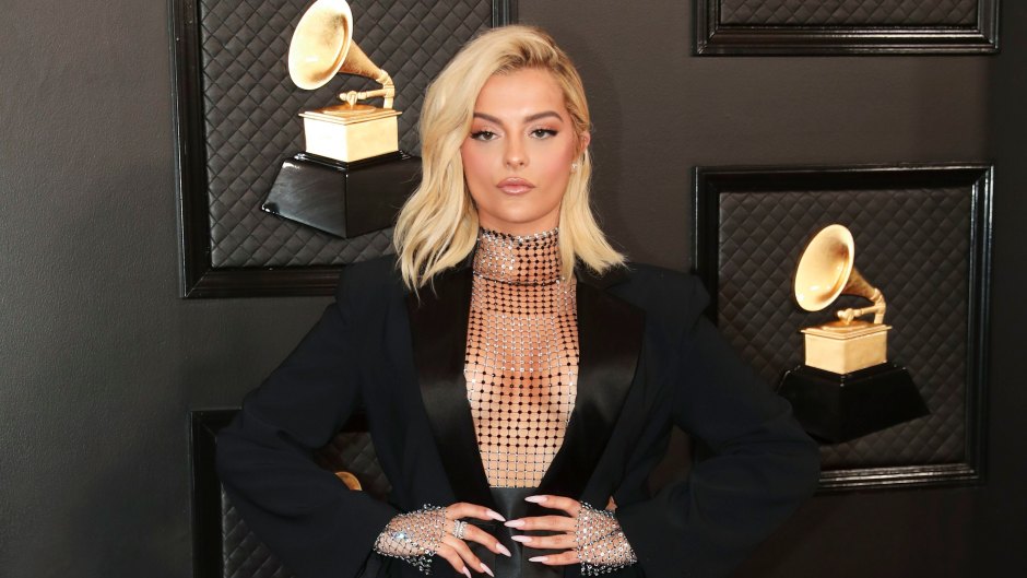 Bebe Rexha Black Suit and Sheer top Grammys 2020 Red Carpet