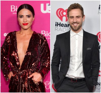 Anid Dorfman Smiles With Red Lipstick and Sequined Dress With Plunging Neckline in Split Image With Nick Viall Wearing Black Suit and White Button Down Shirt