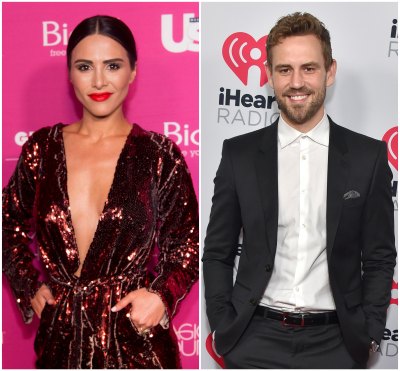 Anid Dorfman Smiles With Red Lipstick and Sequined Dress With Plunging Neckline in Split Image With Nick Viall Wearing Black Suit and White Button Down Shirt