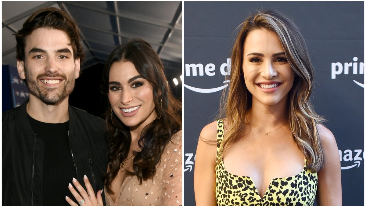 Bachelor Star Ashley Iaconetti Snuggles Husband Jared Haibon in Split Image With Bachelorette Andi Dorfman Wearing Cheetah Print Dress