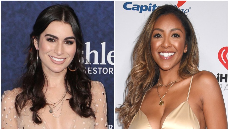Bachelor Star Ashley Iaconetti Wears Nude Sparkly Dress With Hair Half Up in Split Image With Bachelor in paradise Star Tayshia Adams in Gold Two Piece Dress