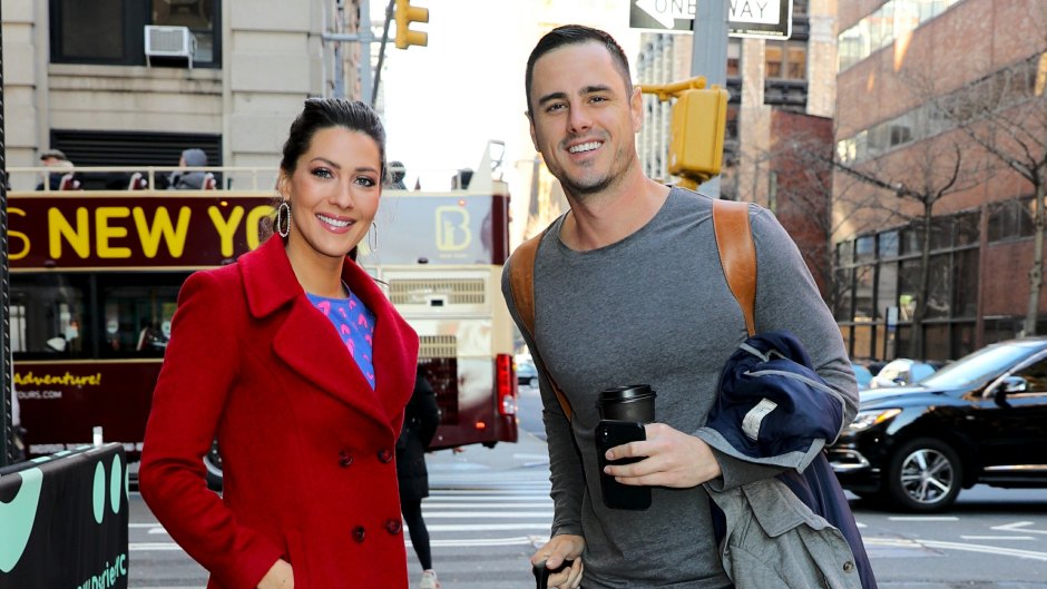Ben Higgins Wearing a Gray Shirt With Becca Kufrin in a Red Coat