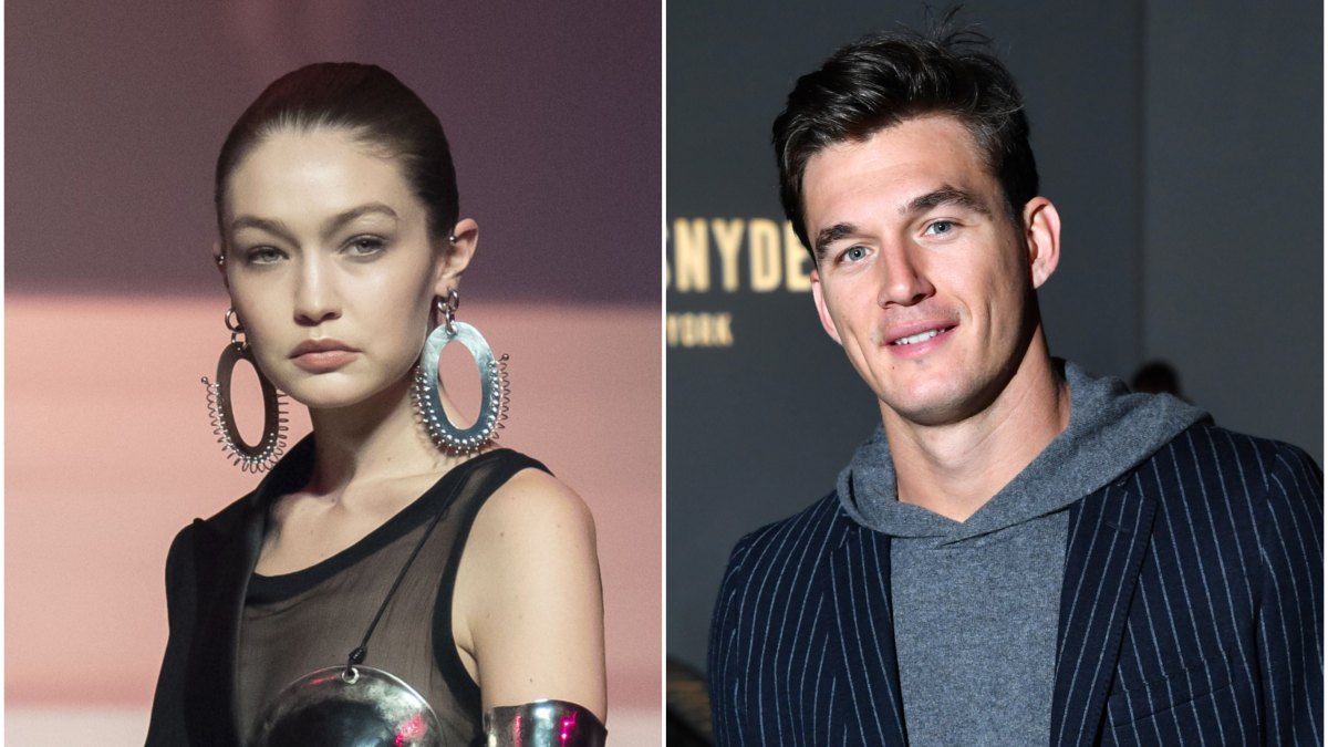 Split Feature of Gigi Hadid on the NYFW Runway and Tyler Cameron in Hoodie and Blazer at NYFW Event