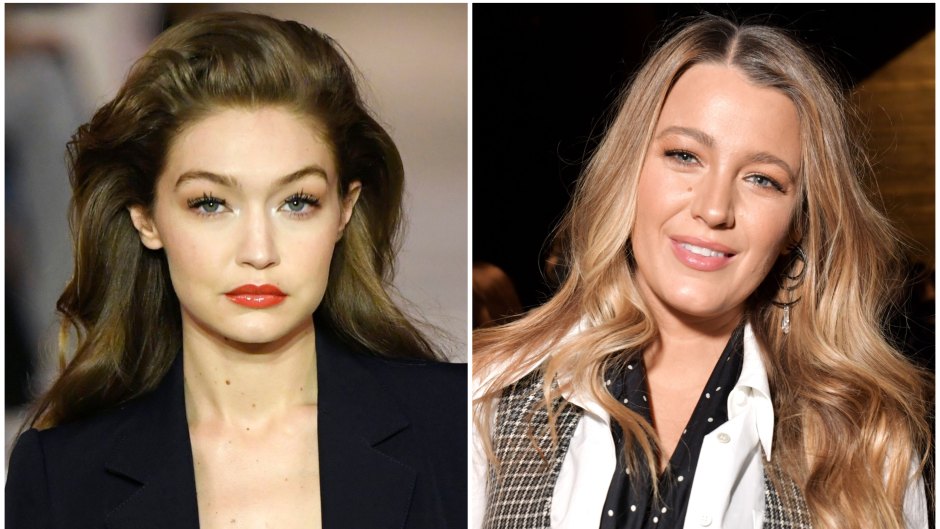 Gigi Hadid on the Runway for Lanvin fashion house During Paris Fashion Week With Big Hair and Red Lipstick Split Image With Blake Lively Wearing Checkered Vest and White Blouse at Michael Kors Show During NYFW