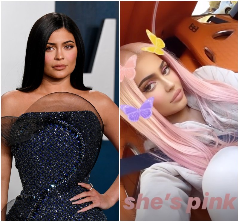 Kylie Jenner at Oscars After Party in Sparkly Blue Gown with Black Sheer Detailing Split Image of Kylie With Pink Hair and Butterfly Filter