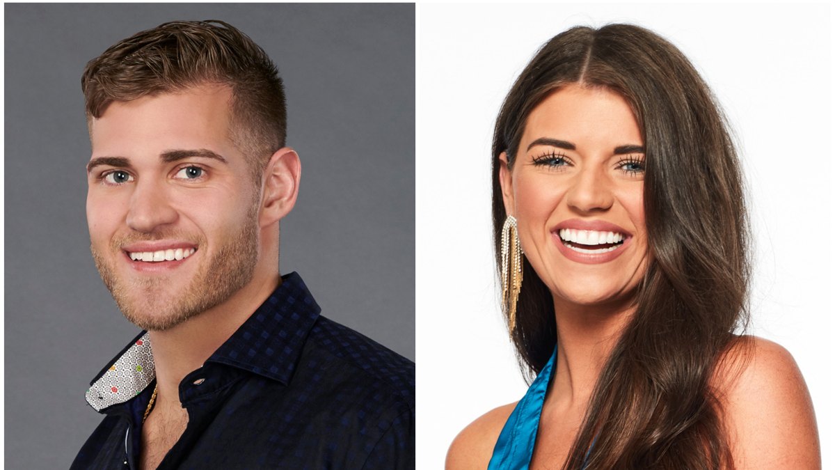 Luke Parker Bachelorette Headshot in Blue Button Down Shirt Split Image With Madison Prewett Bachelor Headshot in Blue Silk Top