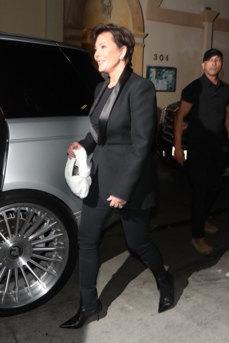 Kris Jenner Wears All Black Suit With White Purse