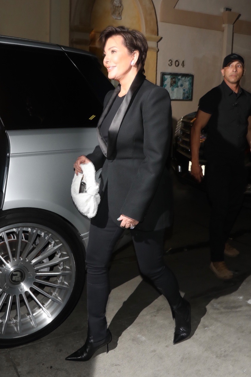 Kris Jenner Wears All Black Suit With White Purse