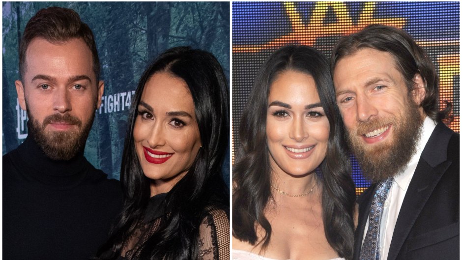 Nikki Bella Wears Black Outfit and Red Lipstick Standing Next to Finace Artem in Black Turtleneck in Split Image With Brie Bella Wearing White Dress Standing With Husband Daniel Bryan in Suit