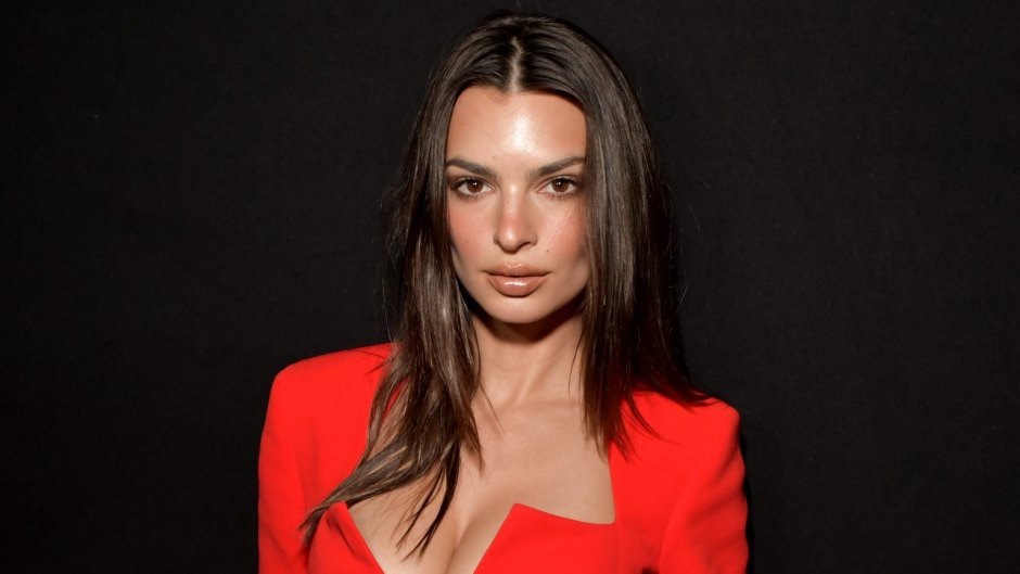 Emily Ratajkowski Shows Off Cleavage in Red Mini Suit-Dress at Versace Milan Fashion Week Show
