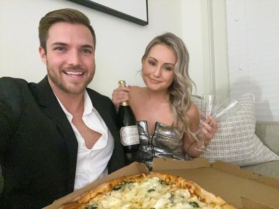 Jordan Kimball and Girlfriend Christina Smile With pizza and Champagne