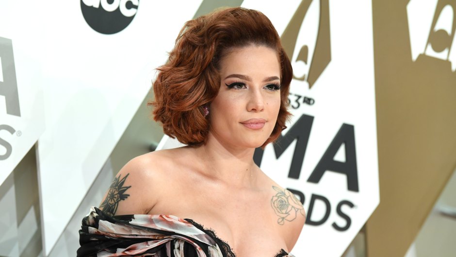 Halsey Smiles in Off the Shoulder Gown and Short Red Hair
