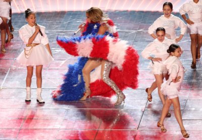 Jennifer Lopez and Emme on Stage at Super Bowl 