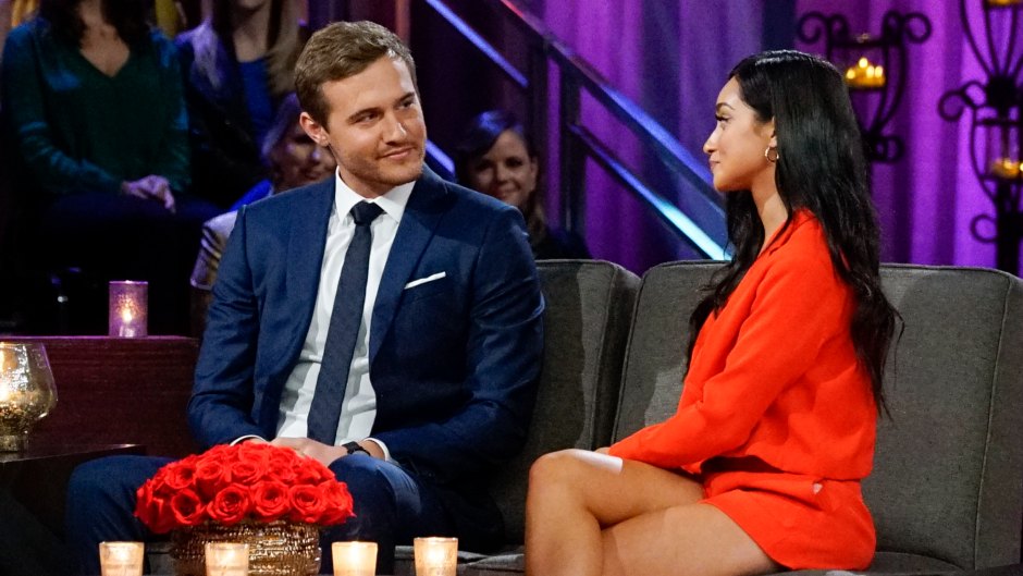Victoria Fuller Wears Red Jumpsuit and Sits With Peter Weber in Blue Suit During Women Tell All Bachelor