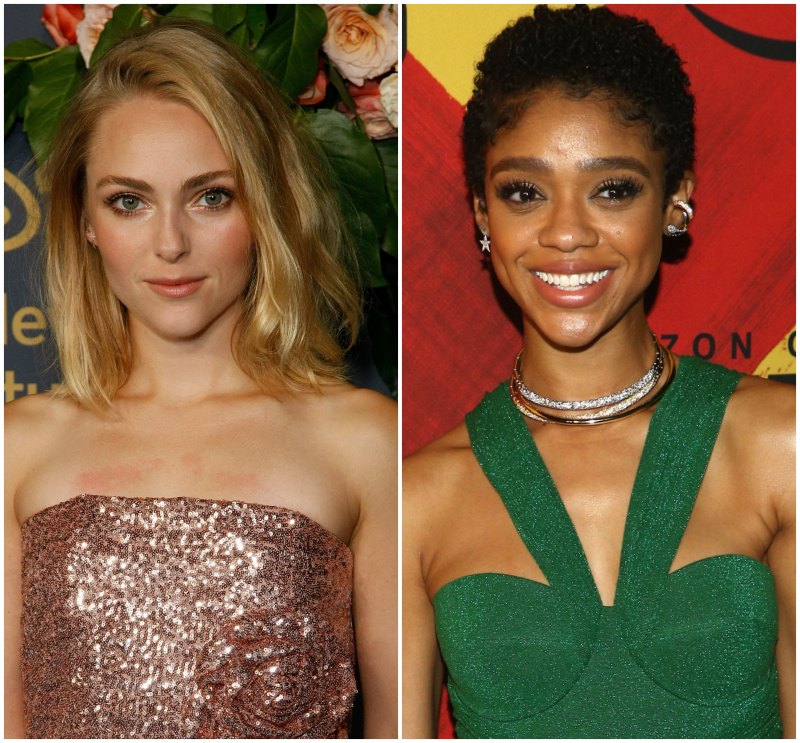 Annasophia Robb Wears Sparkly Pink Strapless Gown Split Image With Tiffany Boone in Sparkly Emerald Green Halter Dress