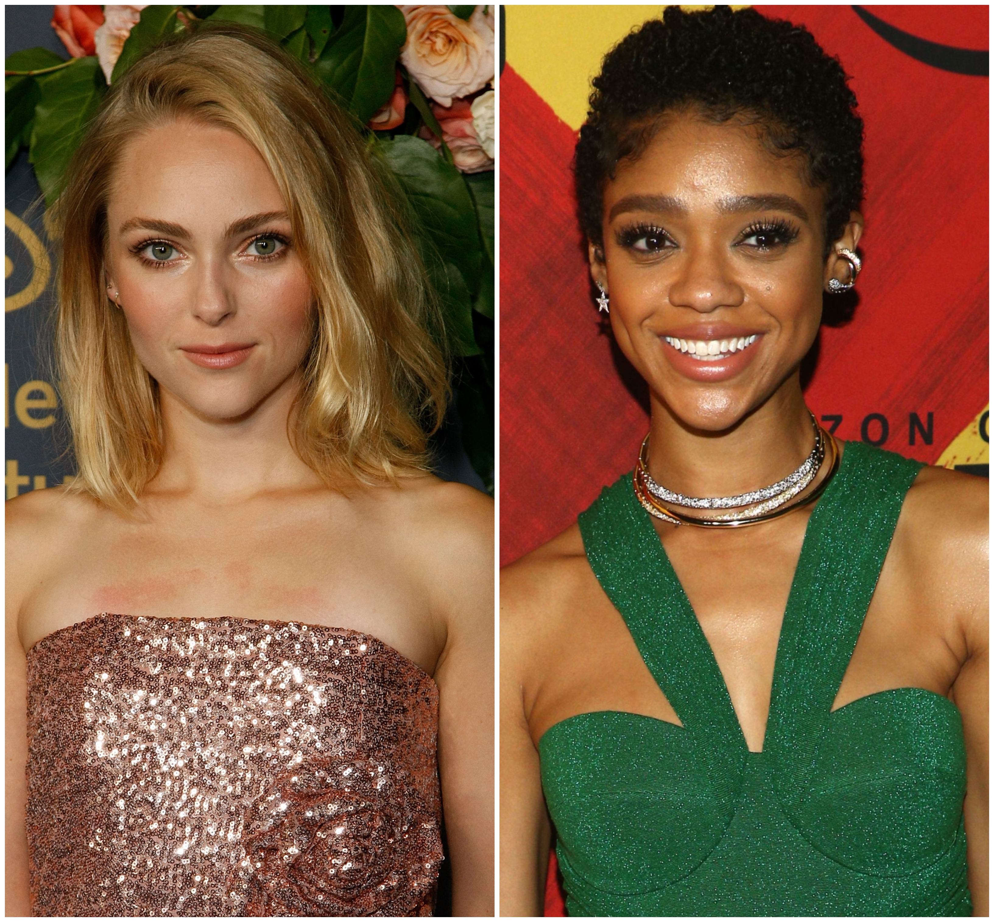 Annasophia Robb Wears Sparkly Pink Strapless Gown Split Image With Tiffany Boone in Sparkly Emerald Green Halter Dress