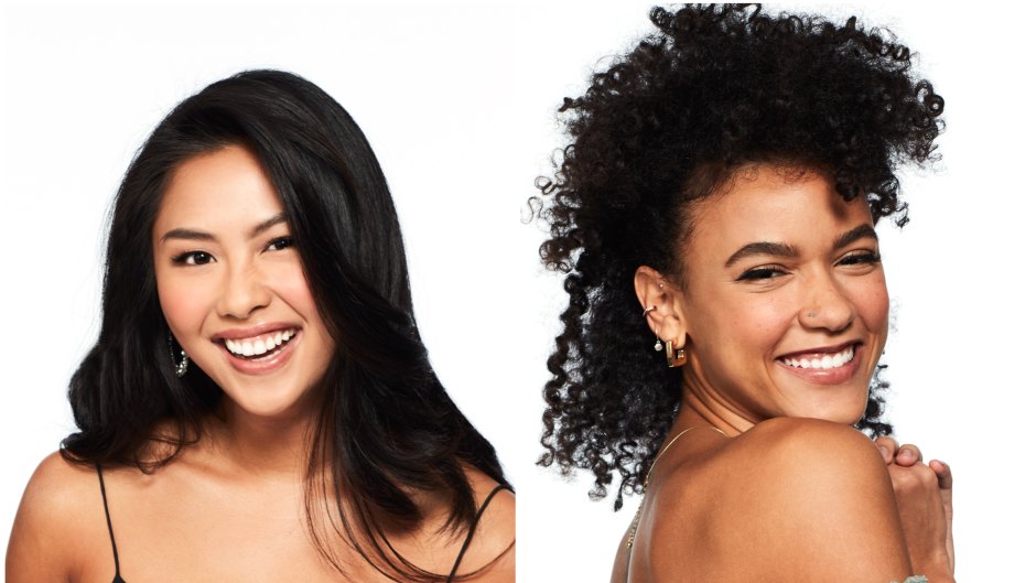 Bachelor Contestant Jasmine Nguyen Wears Black Tank Top in Headshot Side By Side Photo With Alexa Caves in Off the Shoulder Green Top