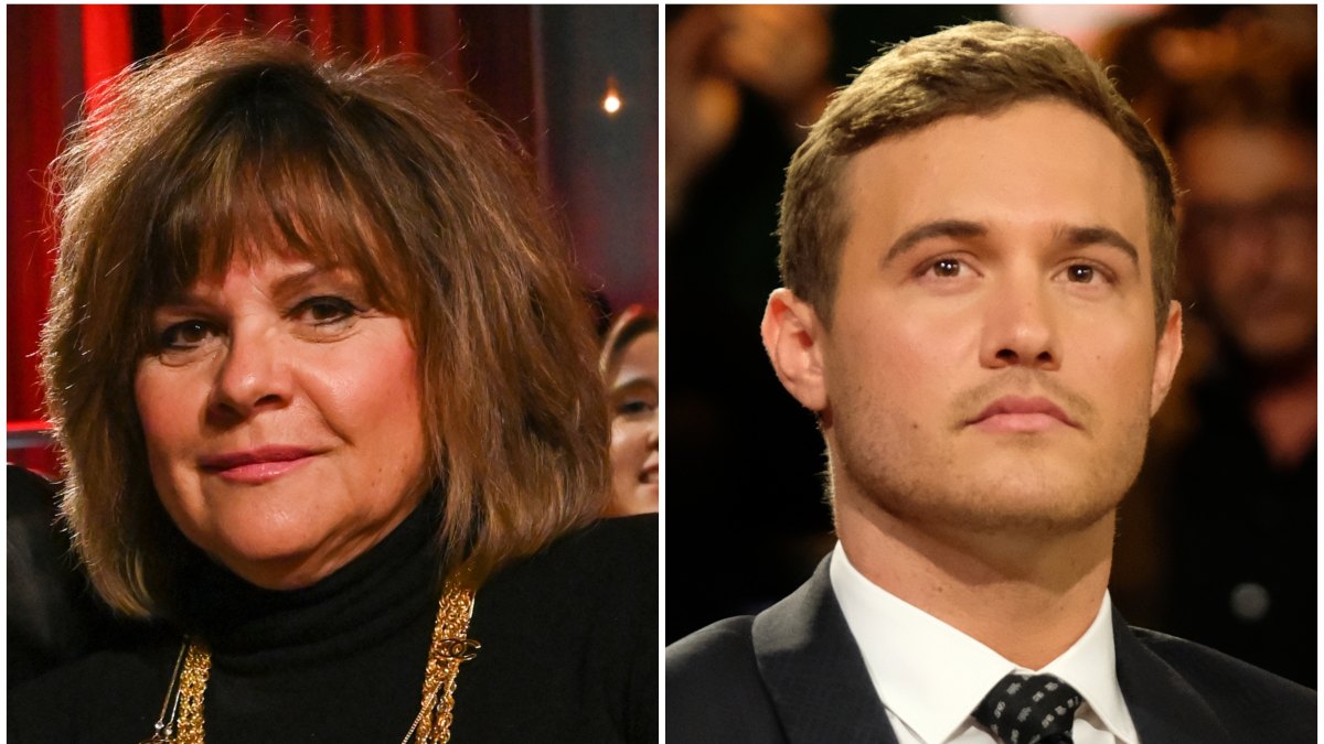 Barbara Weber Bachelor After the Final Rose Black Sweater and Gold Chains Split Image With Peter Weber Looking Sad in Suit