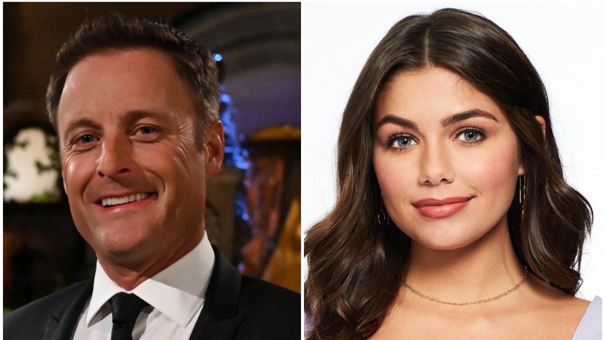 Bachelor Host Chris Harrison Wears Black Suit in Split Image With Hannah Ann Sluss in Purple Top