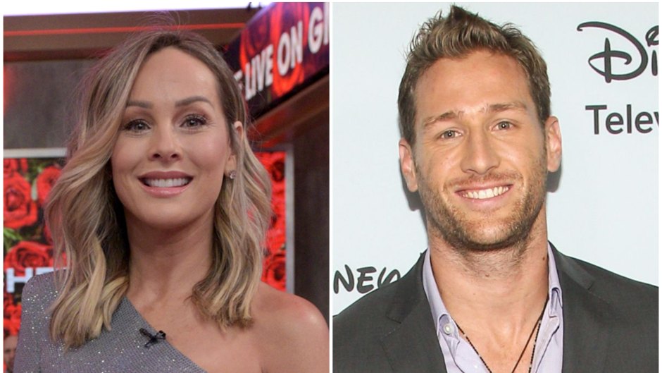 Bachelorette Clare Crawley Smiles in Silver One Shoulder Dress in Split Image With Juan Pablo Galavis in Grey Suit with Purple Button Down