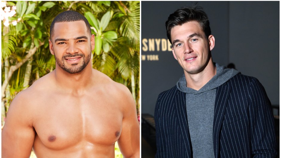 Shirtless Clay Harbor Bachelor in Paradise Cast Photo Split Image With Tyler Cameron Wearing Hoodie and Blazer