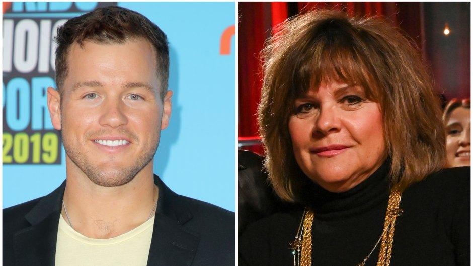 Bachelor Colton Underwood Smiles in a Yellow Tshirt and Blue Blazer in Split Image With Peter Webers Mom Barbara in Black Turtleneck and Gold Necklaces