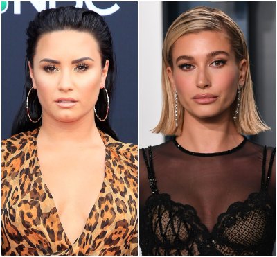 Demi Lovato With Gold Hoop Earrings with Slicked Back Hair and Cheetah Dress in Split Image Hailey Baldwin With Blonde Bob Haircut and Black Sheer Dress