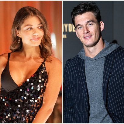 Bachelor Contestant Hannah Ann Sluss Wears Black Sequin Dress and Walks the Runway in Split Image With Tyler Cameron in a Blue Pinstripe Suit and Hoodie