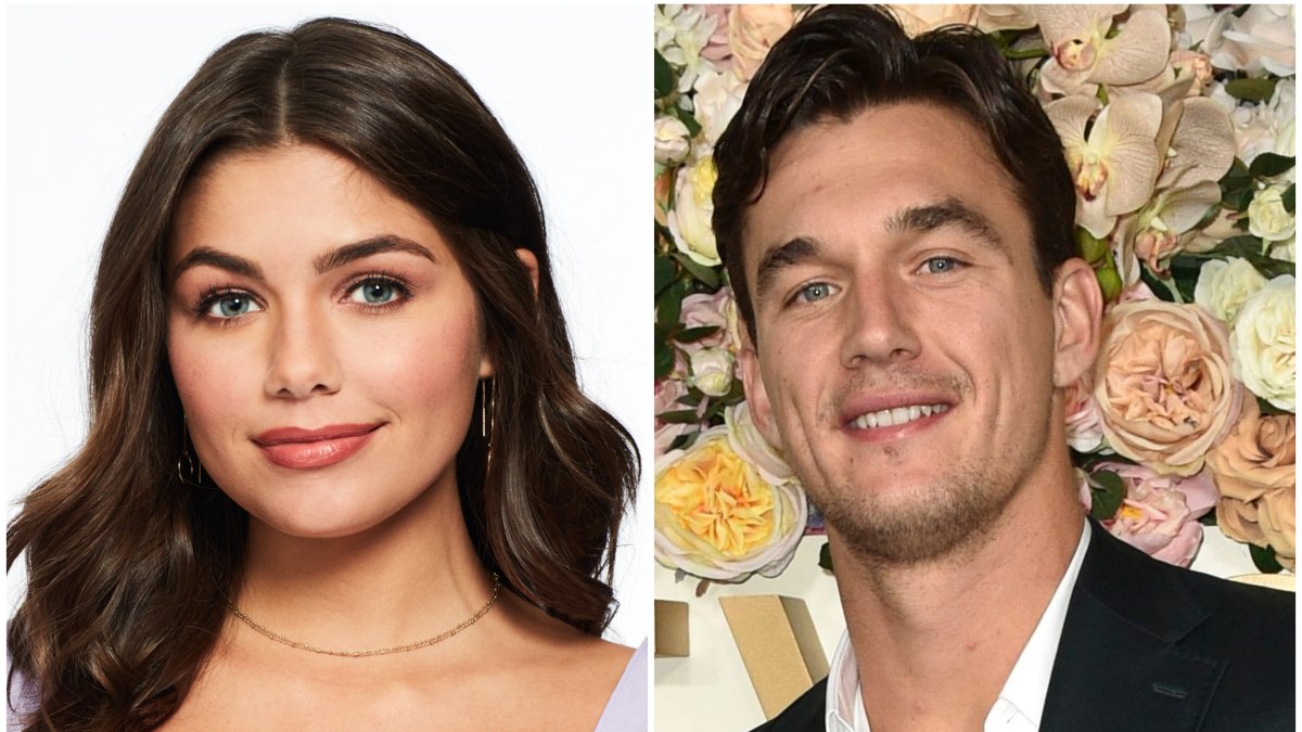 Bachelor Contestant Hannah Ann Sluss Headshot Purple Shirt Split Image With Tyler Cameron Blue Suit and White Button Down Shirt