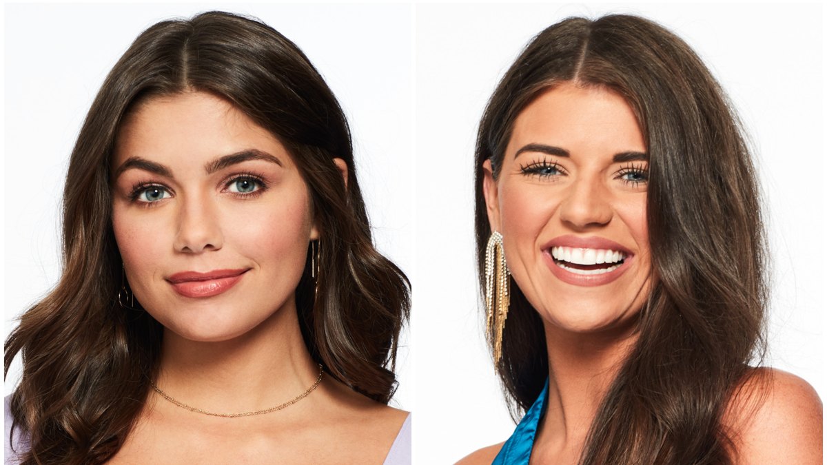 Bachelor Contestants Hannah Ann Sluss Headshot Purple Shirt With Buttons Split Image With Madison in Blue Silk Top and Gold Dangly Earrings