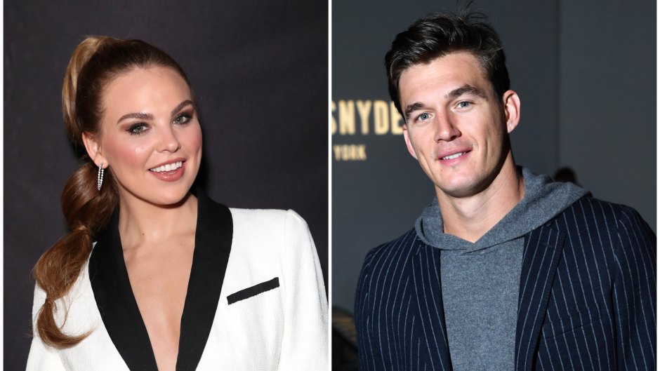 Hannah Brown Wears High Ponytail and White Suit in Split Image With Tyler Cameron in Hoodie and Pinstripe Suit