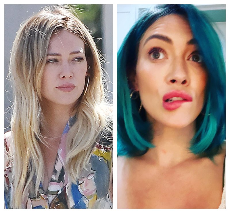 Hilary Duff Long Blonde Hair Split Image With Blue Short Hair